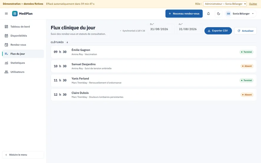MediPlan : le flux clinique du jour — chaque rendez-vous avec son heure, son médecin, son motif et son statut.