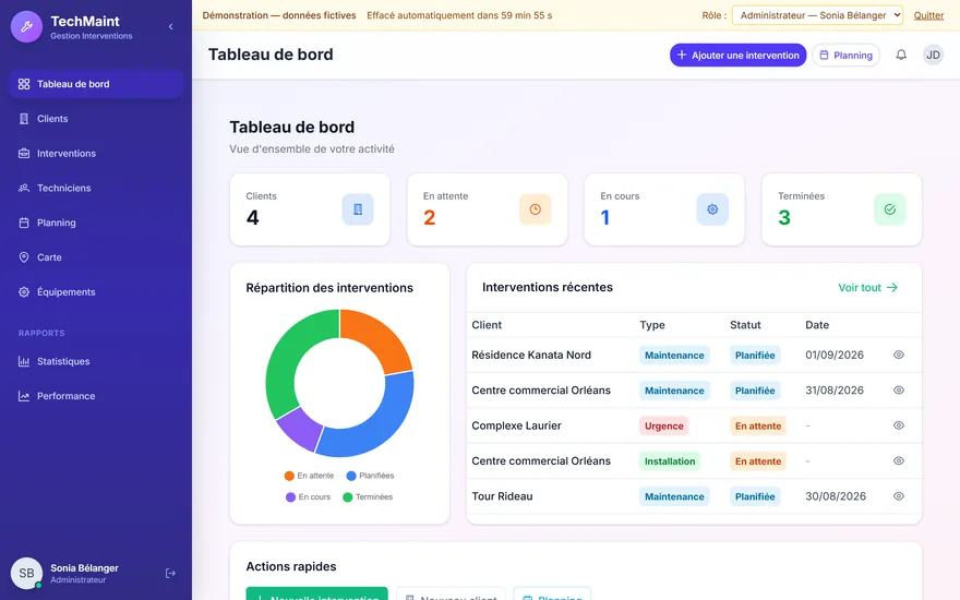 TechMaint : le tableau de bord d'une organisation de démonstration — interventions par statut, répartition et dernières interventions.