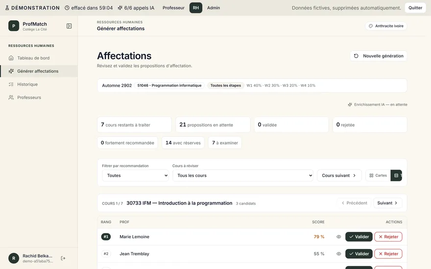 ProfMatch : les propositions d'affectation classees par score, avec leur rang et les actions de validation.